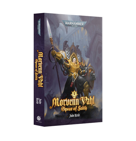 Fantasy book or game box featuring a character in ornate armor with a spear, on a white background.