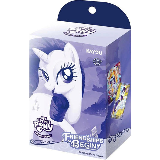 Rarity starter deck packaging for the Friendships Begin set of the My Little Pony card game