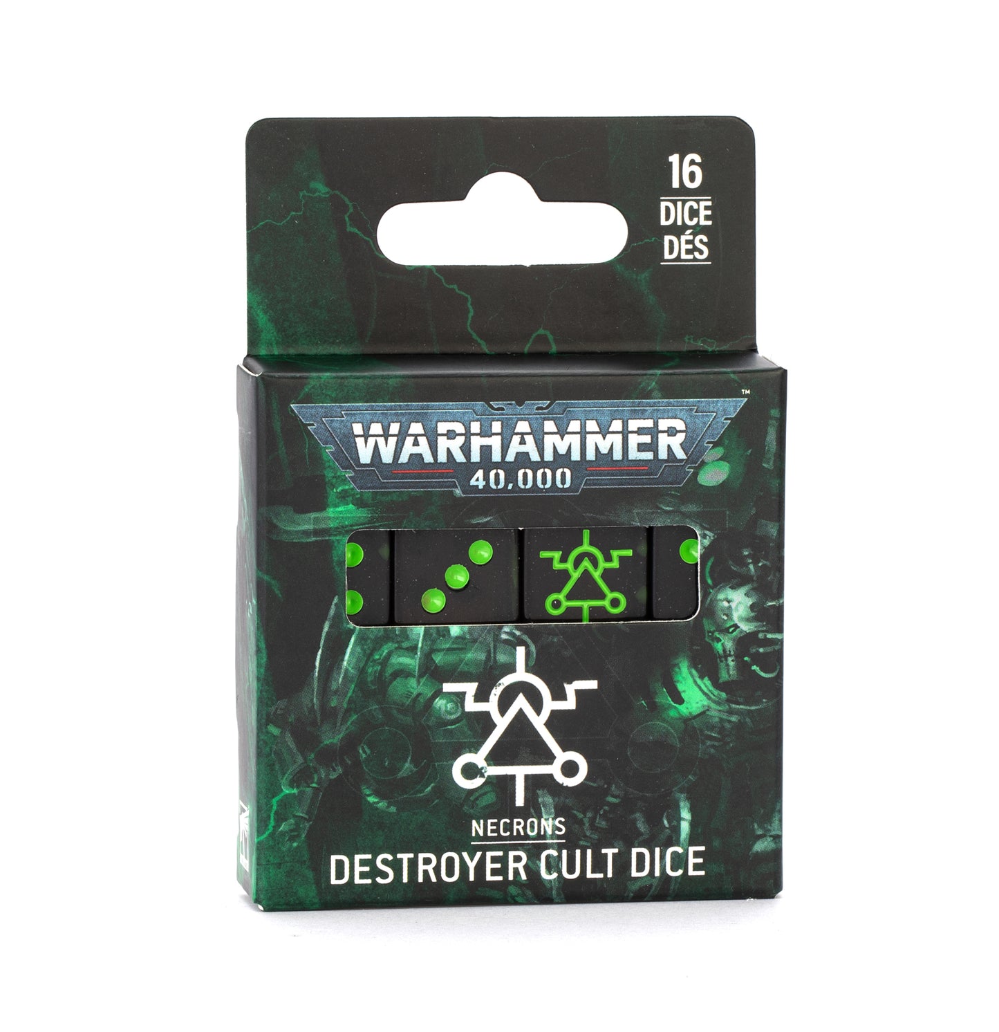 Packaged dice set for Warhammer 40,000 with green and black design