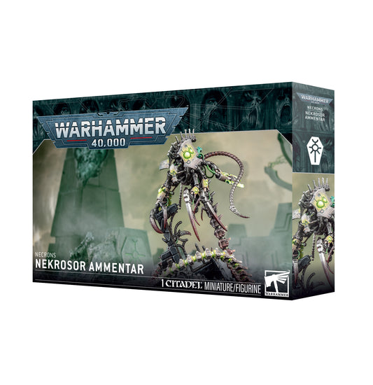 Boxed Warhammer 40,000 figurine with detailed design on a white background. Necrons Nekrosor Ammentar
