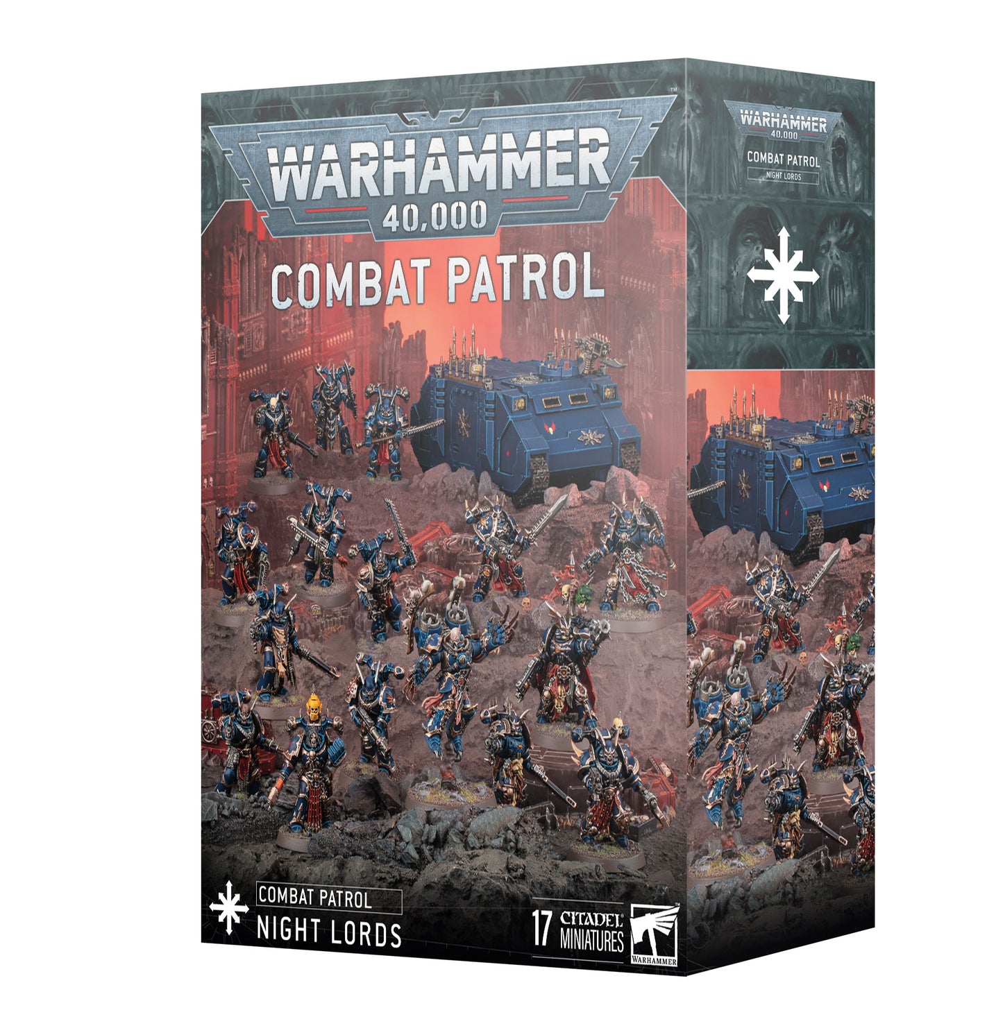 Warhammer 40,000 Combat Patrol game box with miniatures and vehicles on a white background