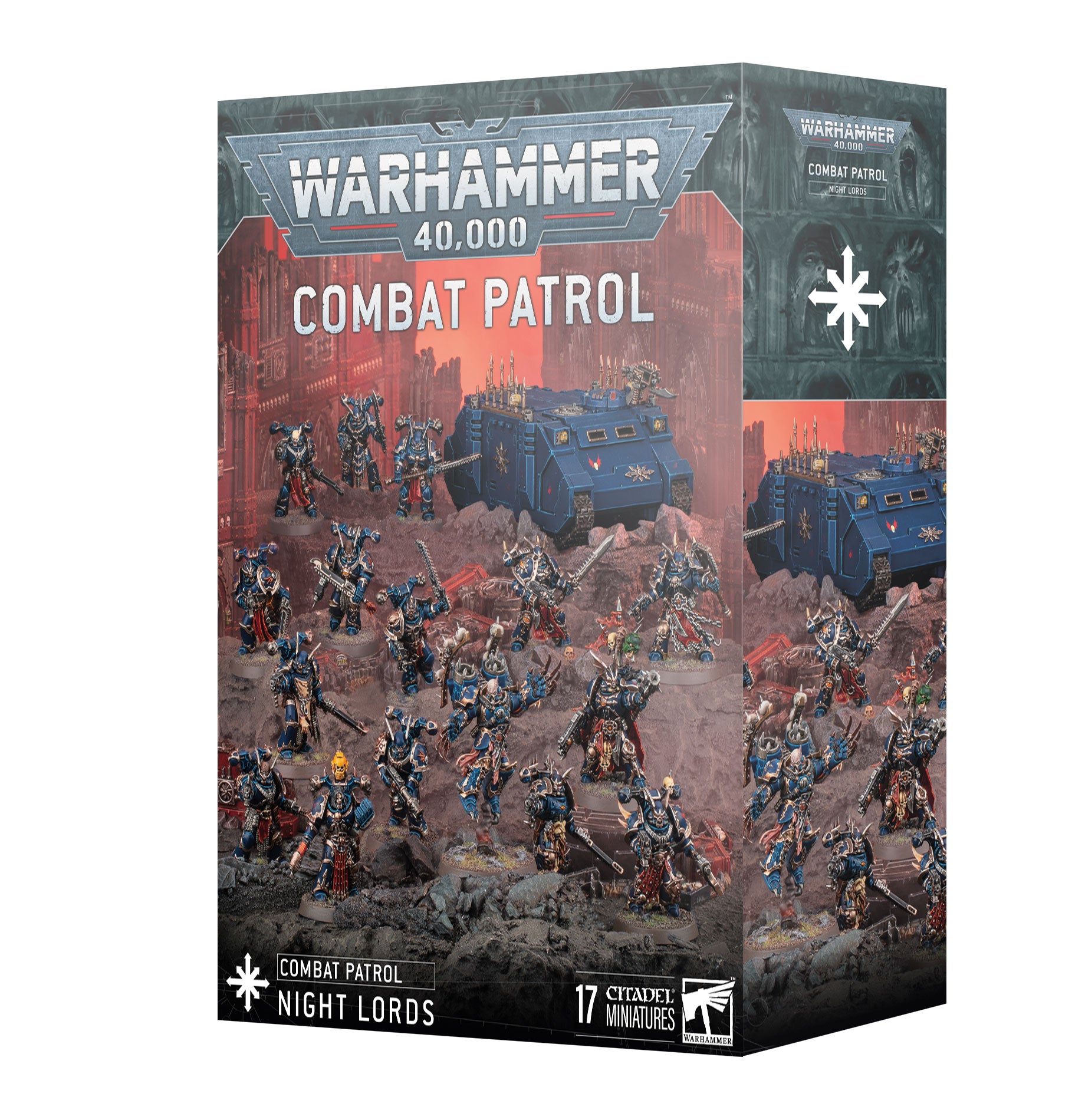 Warhammer 40,000 Combat Patrol game box with miniatures and vehicles on a white background