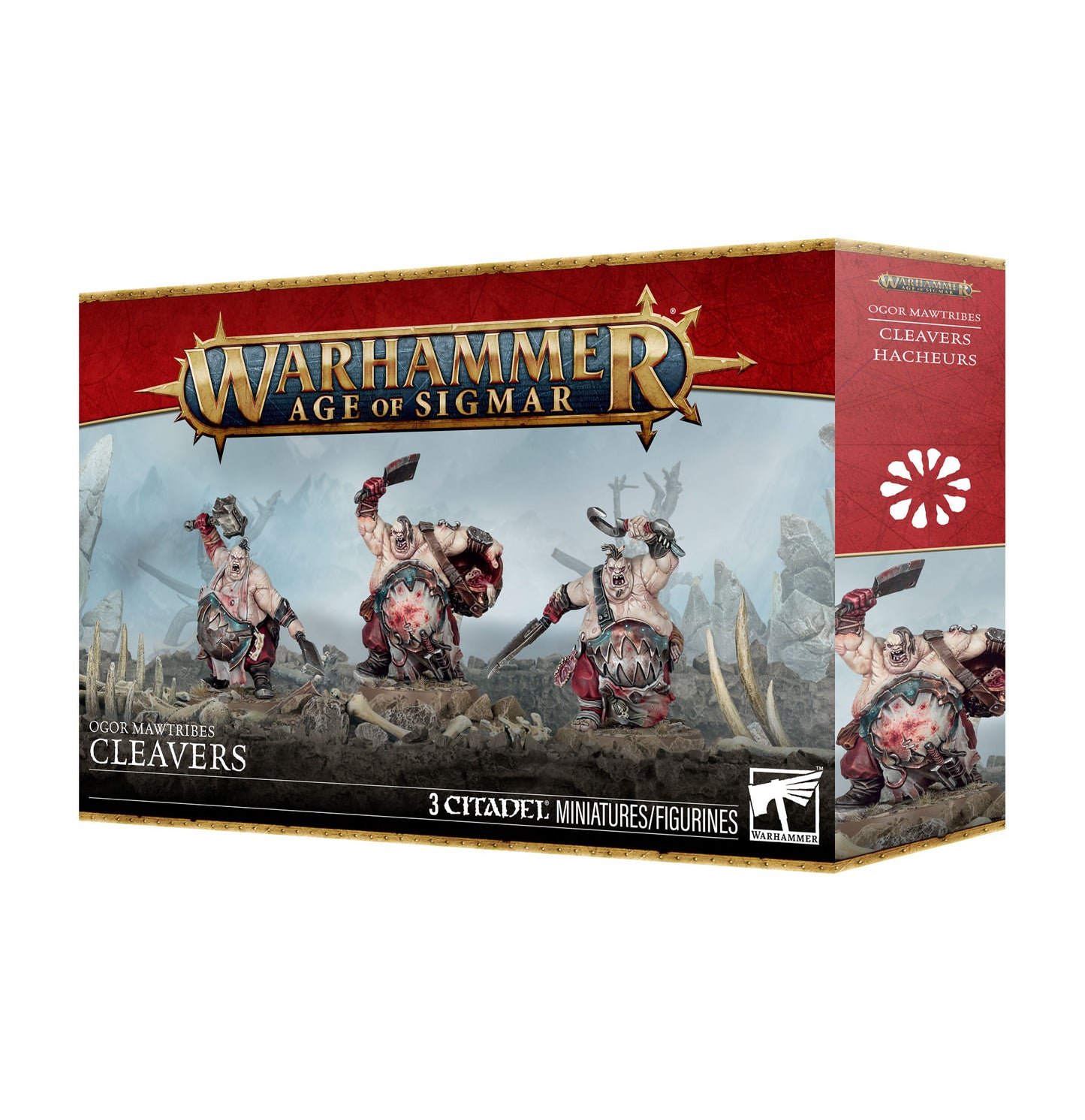 Warhammer Age of Sigmar Cleavers 3 Citadel miniatures figures box, featuring red and gold packaging with illustrations of the figures and the Warhammer logo.