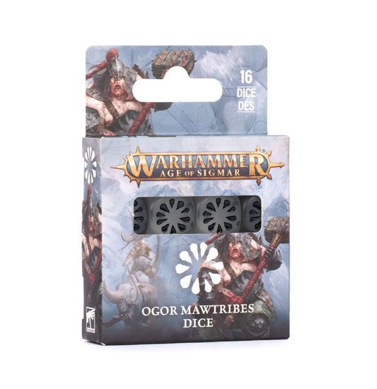Warhammer Age of Sigmar Ocor Mawtribes Dice in retail packaging, featuring 16 black polyhedral dice visible through a clear window on the front of the illustrated box.