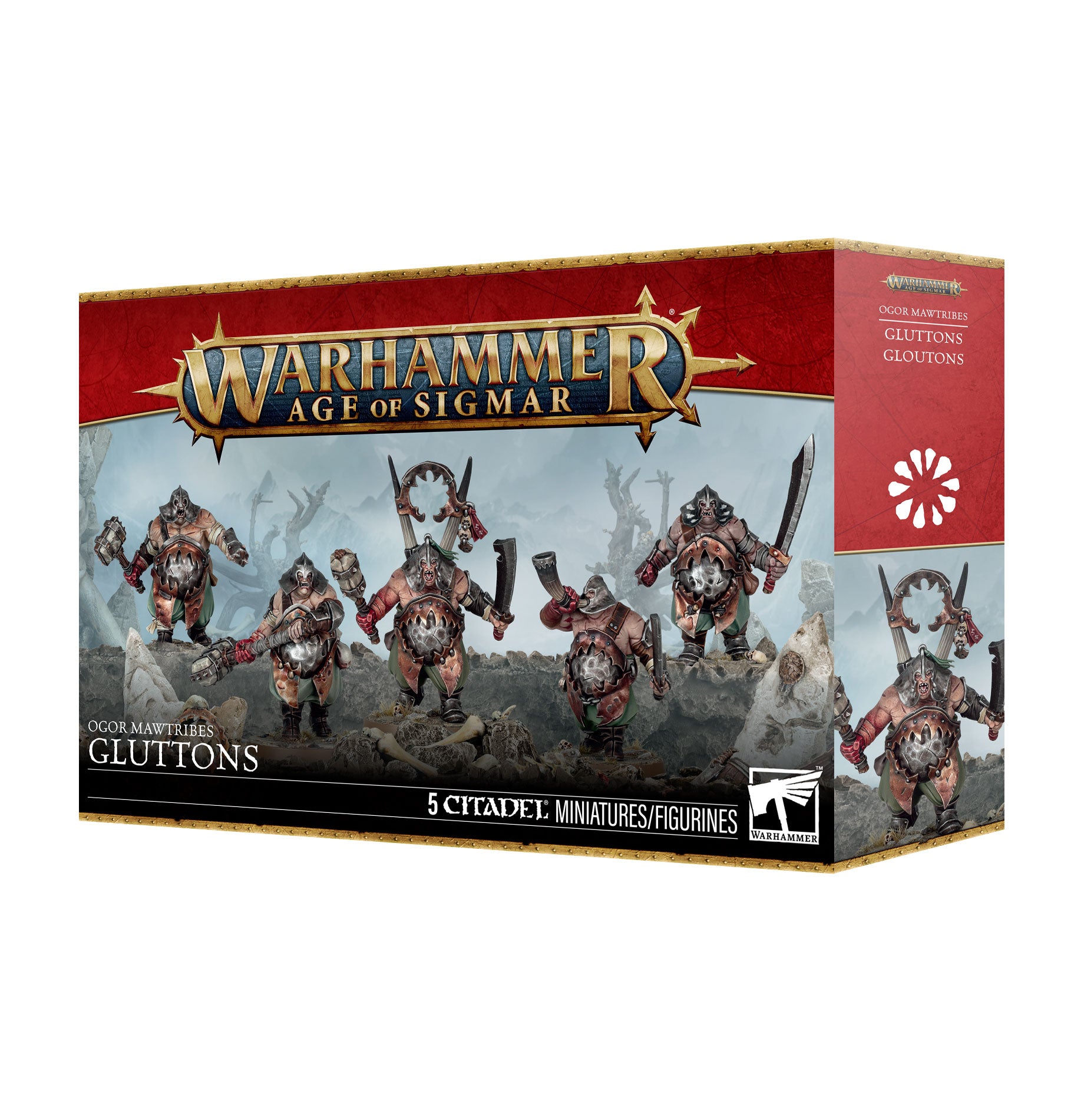 Warhammer Age of Sigmar Gluttons 5 Citadel miniatures figurins box, featuring red and gold packaging with illustrations of the gluttonous warriors.