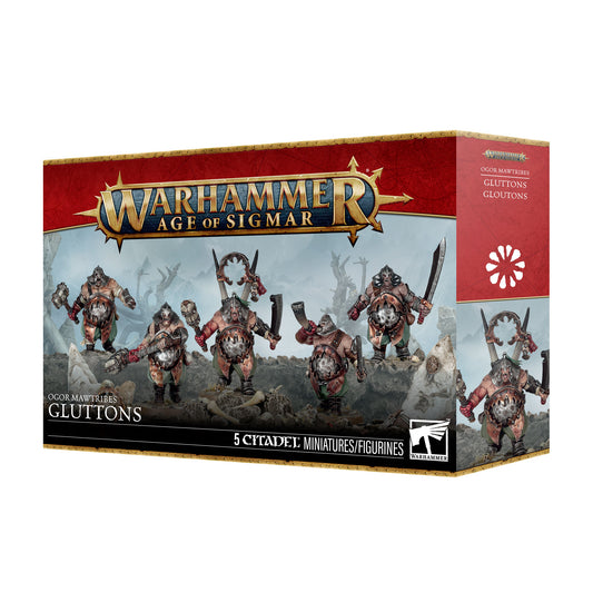 Warhammer Age of Sigmar Gluttons 5 Citadel miniatures figurins box, featuring red and gold packaging with illustrations of the gluttonous warriors.