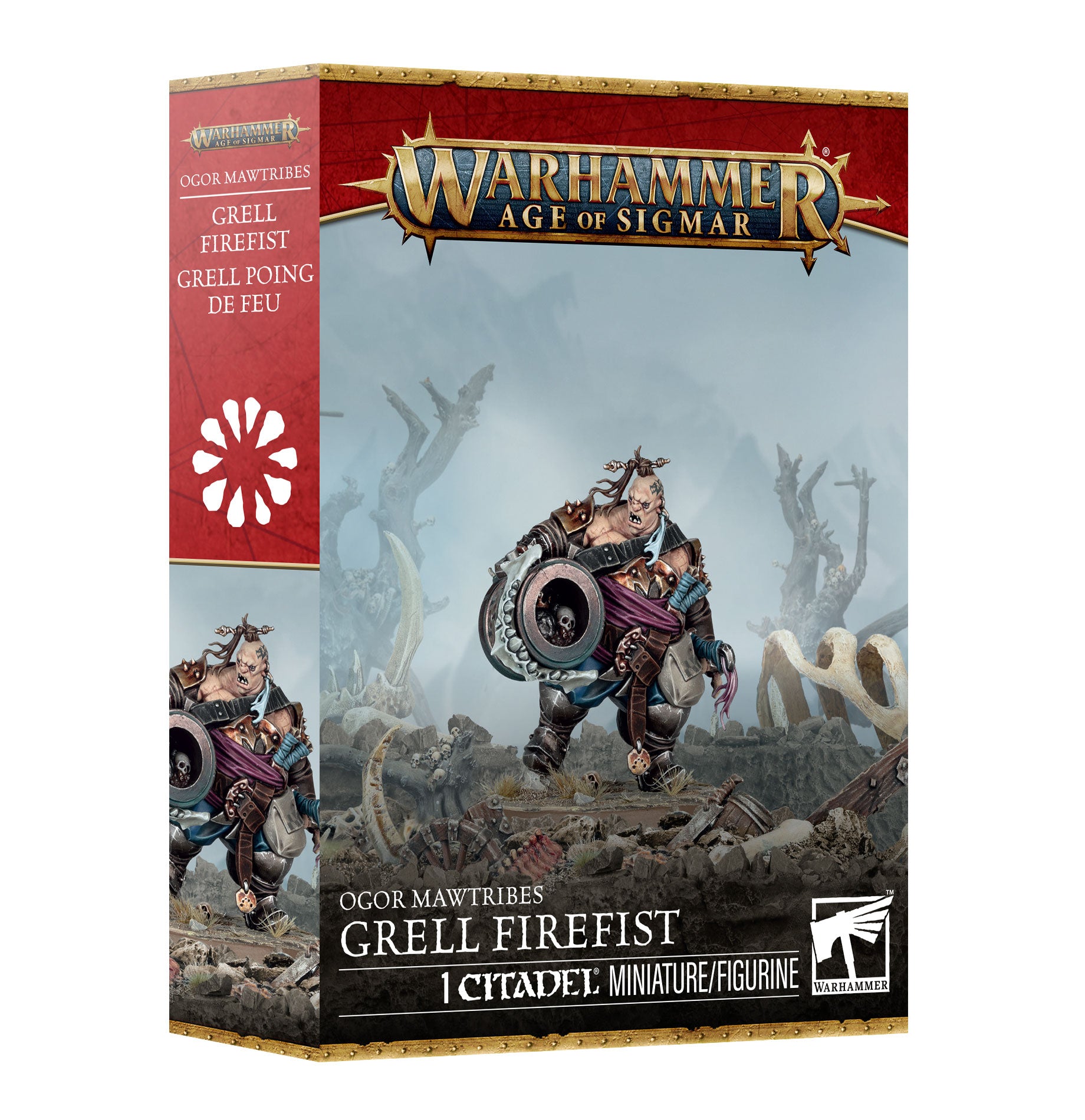 Warhammer Age of Sigmar Ogre Mawtribes Grell Firefist miniature figurine box, featuring a red spine band and detailed fantasy artwork of the grell character on the front.