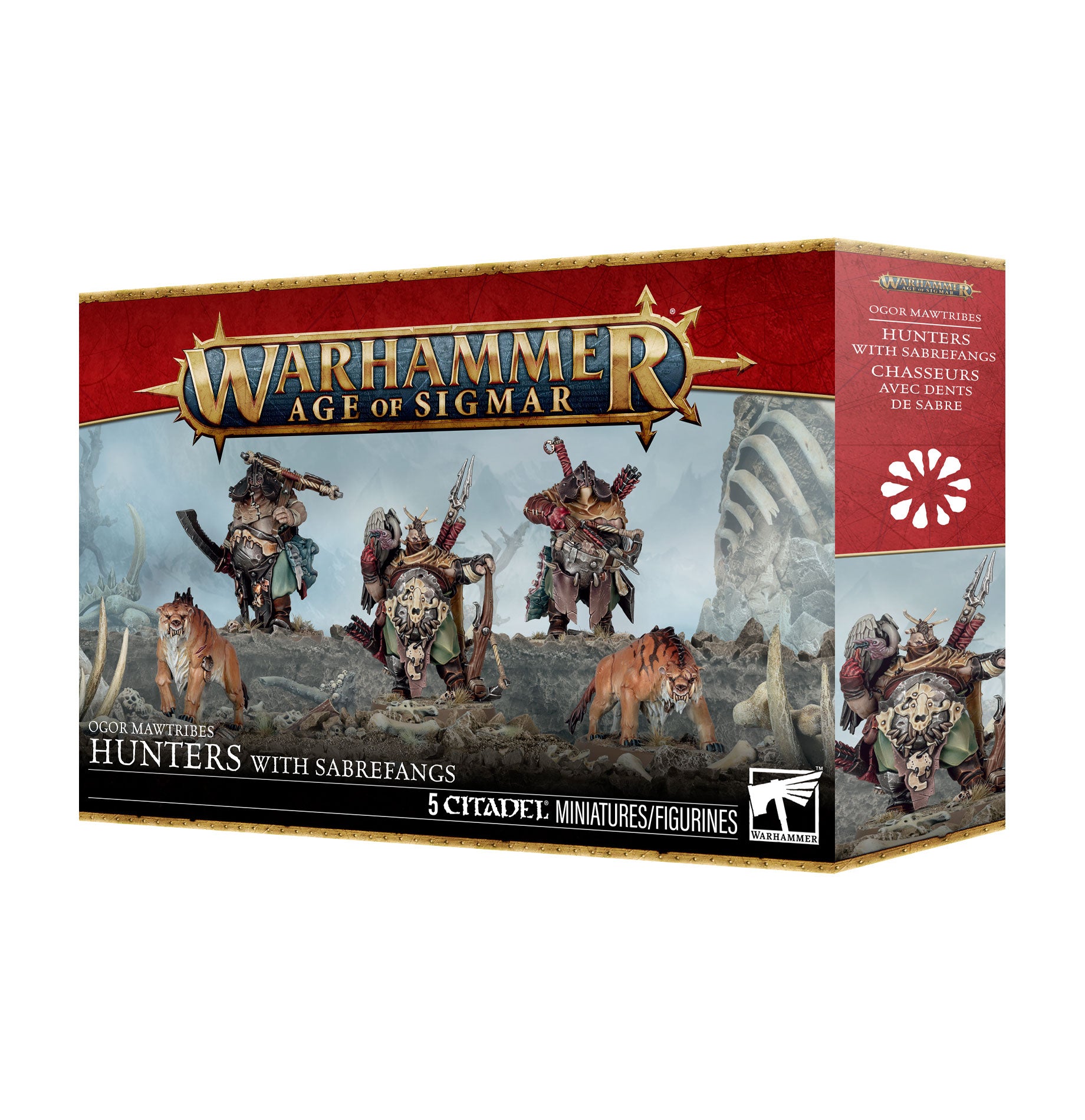 Warhammer Age of Sigmar box set for 'Hunters with Sarafencs', featuring illustrated box art with fantasy warriors, tigers, and a red side panel on a white background.
