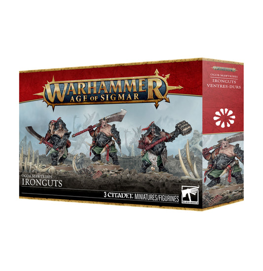 Warhammer Age of Sigmar Ironguts starter miniature figure box, featuring three detailed figurines on the front cover artwork, with red and gold branding and a white background.