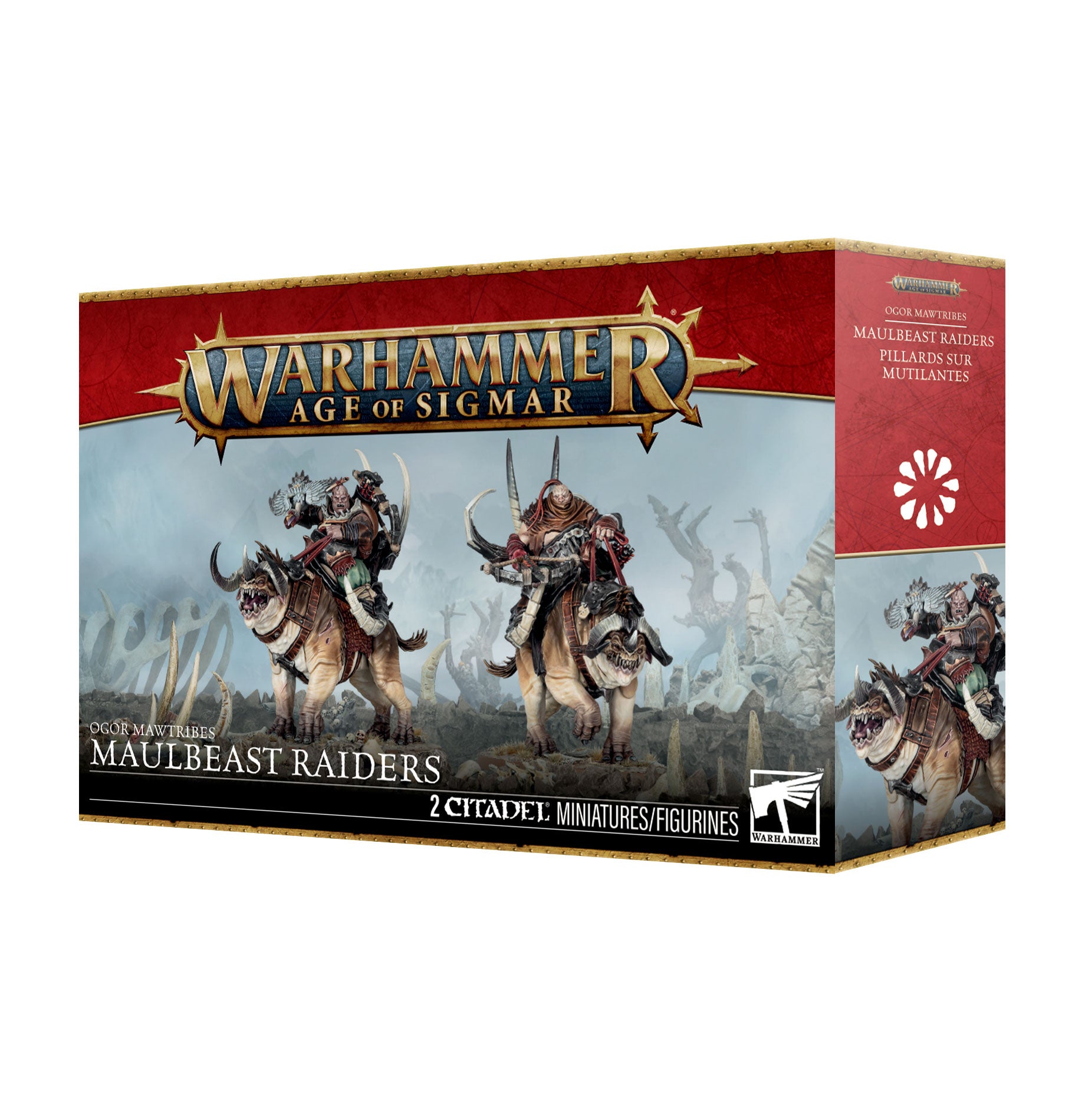 Warhammer Age of Sigmar Maulbeast Raiders box set, featuring illustrated miniature figures on large beasts on the front of the packaging.