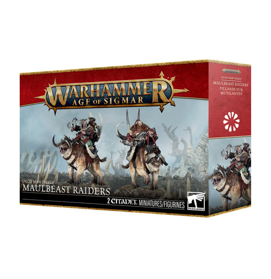 Warhammer Age of Sigmar Maulbeast Raiders box set, featuring illustrated miniature figures on large beasts on the front of the packaging.