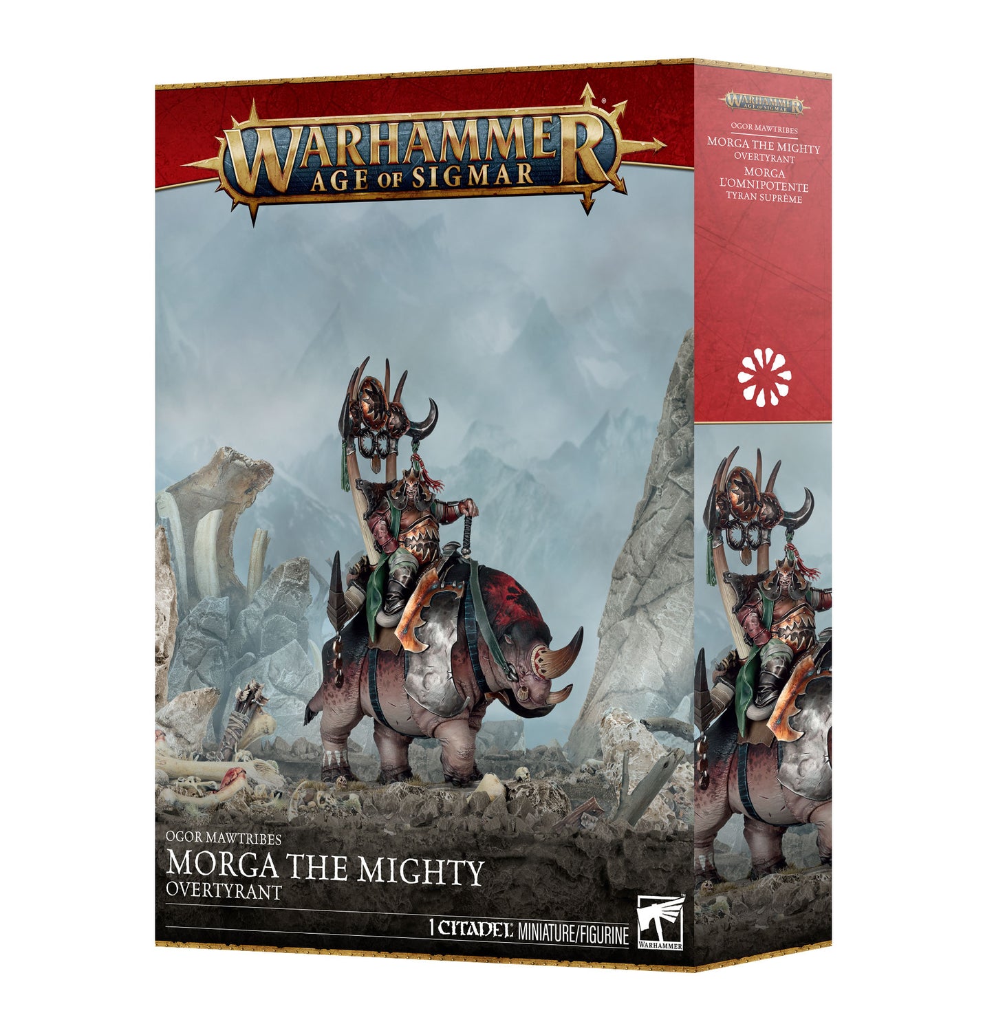 Warhammer Age of Sigmar 'Morga the Mighty' Overyvrant mini figure box, featuring fantasy artwork of a horned rider on a rhinoceros-like creature in a rocky, mountainous landscape.