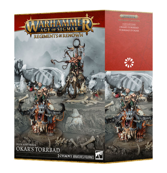 Warhammer Age of Sigmar Regiments of Renown Okar's Torrbad box set, showing the front and side packaging with detailed miniature artwork of a mounted warrior figure and a red brand panel.