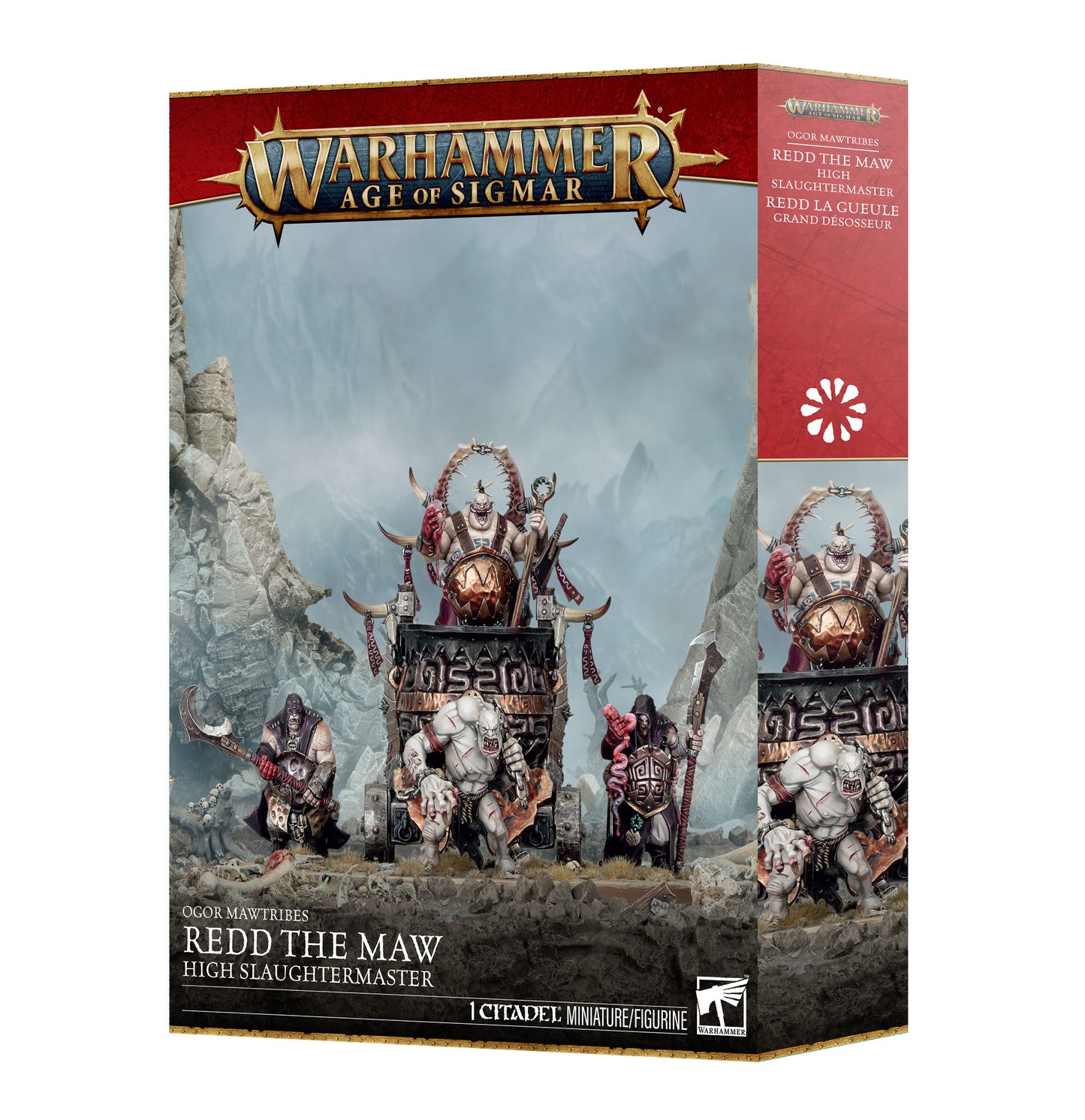Warhammer Age of Sigmar Redd the Maw High Slaughtermaster miniatures kit box by Icitadel, showing fantasy warrior figures and a stone altar in a gray rocky landscape.