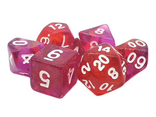 Set of red and purple polyhedral dice with white numbers on a white background