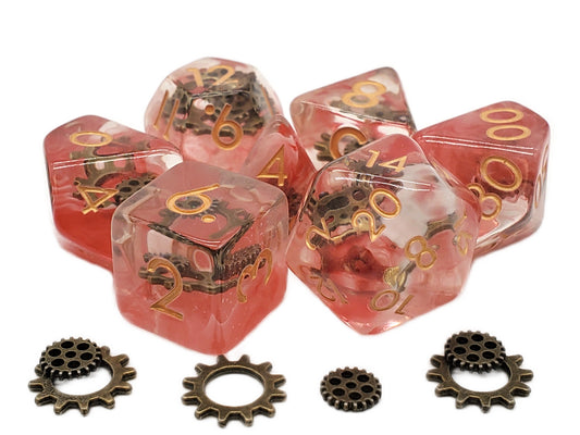 Set of red dice with gold numbers and gears on a white background
