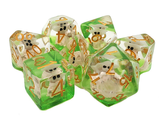 Set of dice with ghost and number design on a white background