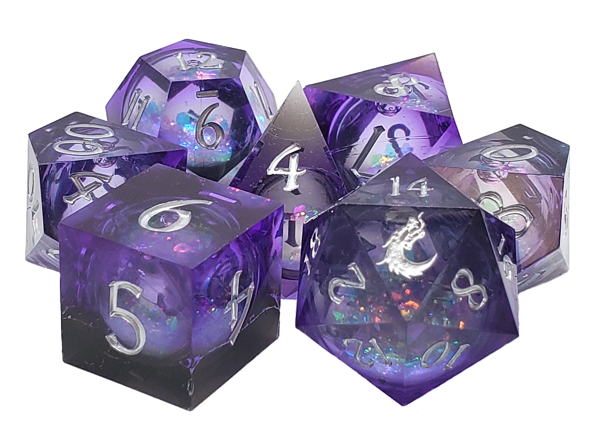 Set of purple polyhedral dice with silver numbers on a white background