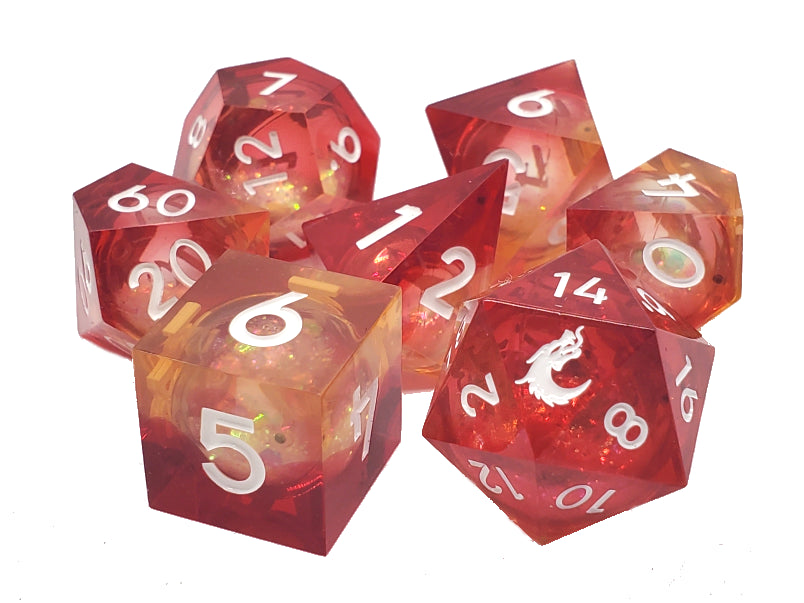 Set of red and orange polyhedral dice with white numbers on a white background