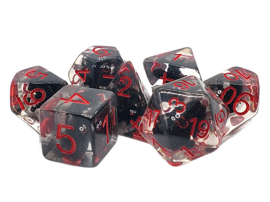 Set of black and red dice with transparent sides on a white background