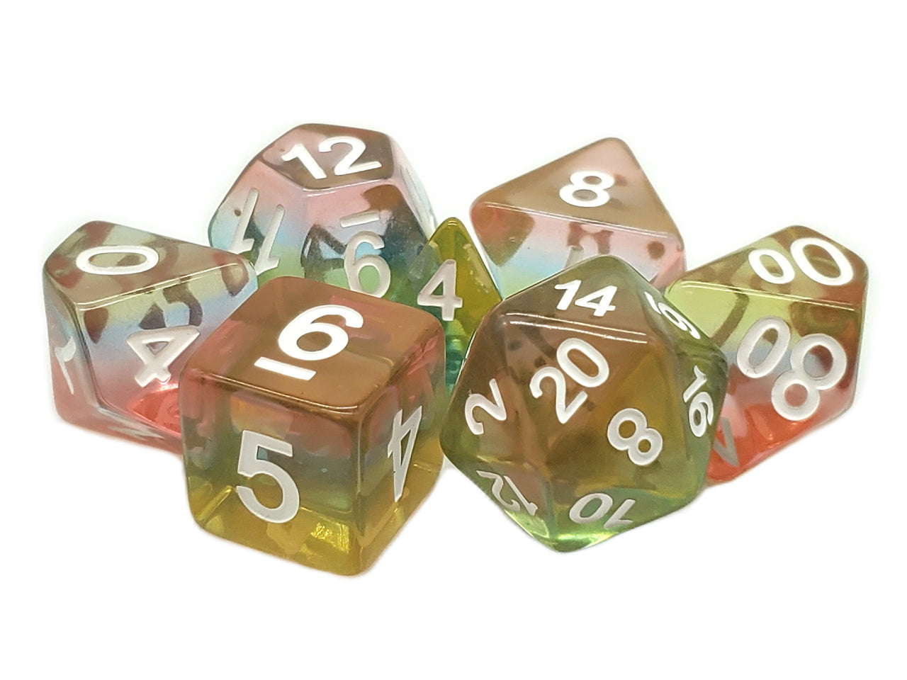 Set of colorful polyhedral dice with numbers on a white background