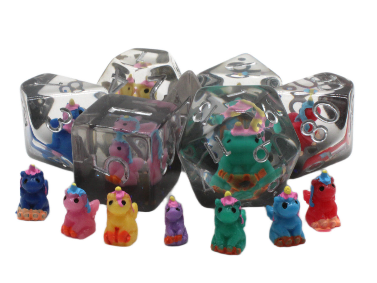 Colorful animal figurines inside transparent dice-shaped containers on a white background