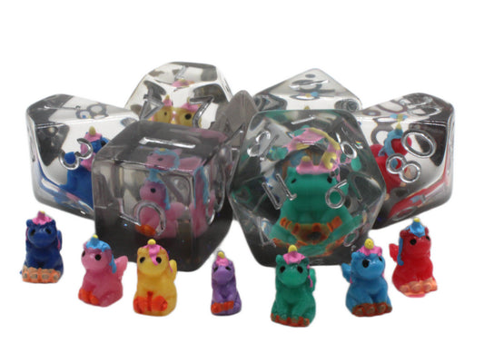 Colorful animal figurines inside transparent dice-shaped containers on a white background
