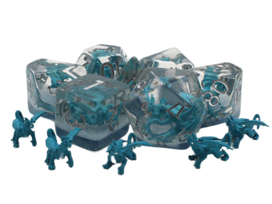 Clear dice with blue numbers and small blue figures on a white background