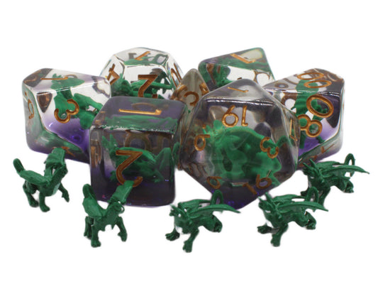 Set of dice with green and purple design, surrounded by small green dragon figures on a white background.