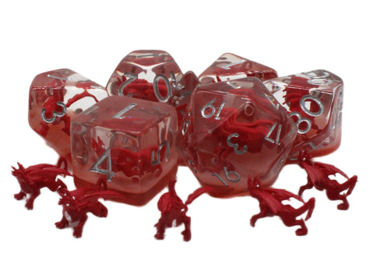 Set of red dice with silver numbers on a white background