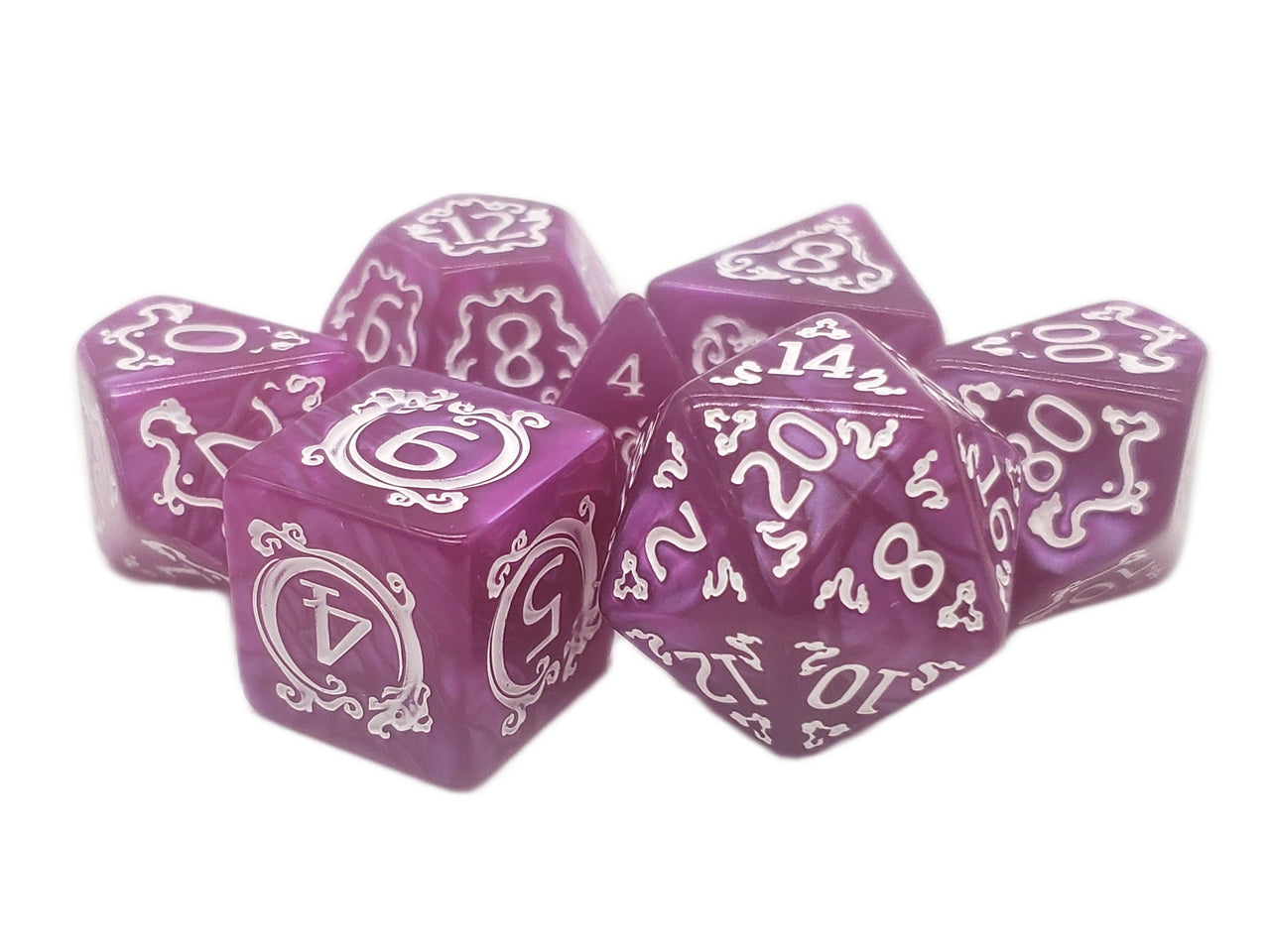 Purple polyhedral dice set with white numbering on a white background