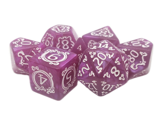 Purple polyhedral dice set with white numbering on a white background