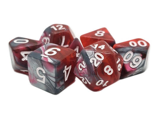 Set of red and gray polyhedral dice with white numbers on a white background