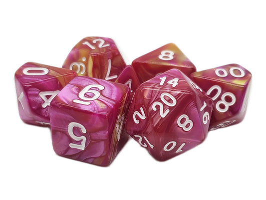 Set of pink and red polyhedral dice with white numbers on a white background
