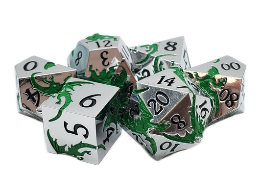 Set of metallic dice with a green and white design on a black background