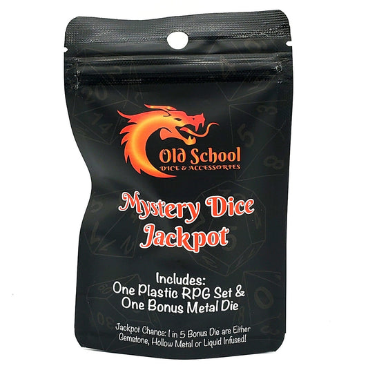 Black packaging of Old School Dice with a dragon logo and text about a mystery dice jackpot.