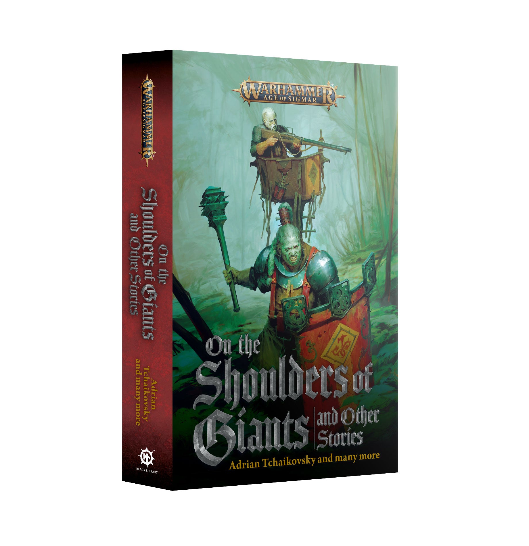 Book titled 'On the Shoulders of Giants and Other Stories' with a fantasy cover featuring armored characters.