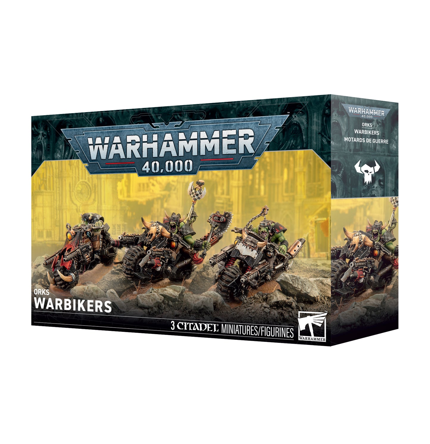 Warhammer 40,000 9031 Warbikers box set, featuring three sci-fi motorcycle miniatures on the front of the packaging.