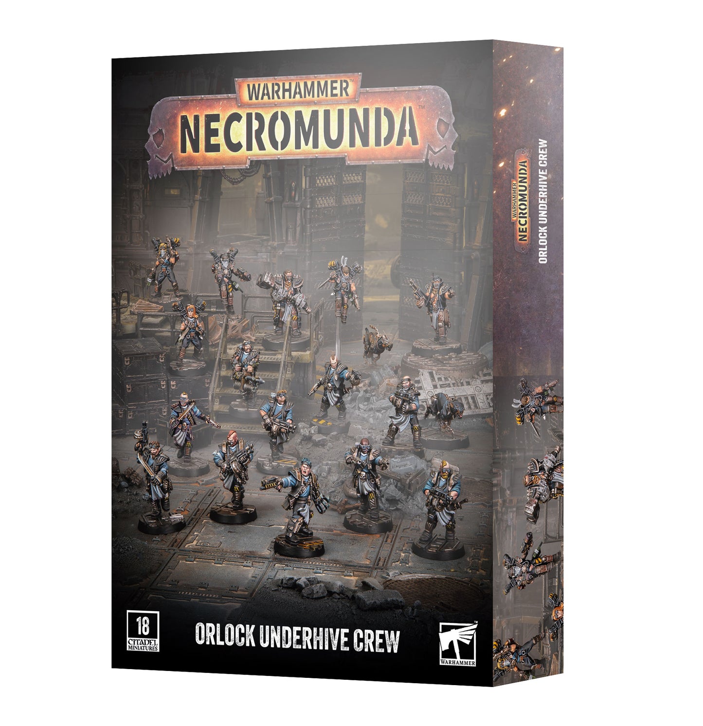 Warhammer Necromunda Orlock Underhive Crew box set, featuring a detailed sci-fi illustration of orlocks on the front cover and spine, with the Warhammer logo at the top.