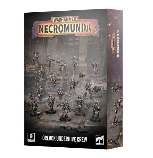 Warhammer Necromunda Orlock Underhive Crew box set, featuring a detailed sci-fi illustration of orlocks on the front cover and spine, with the Warhammer logo at the top.