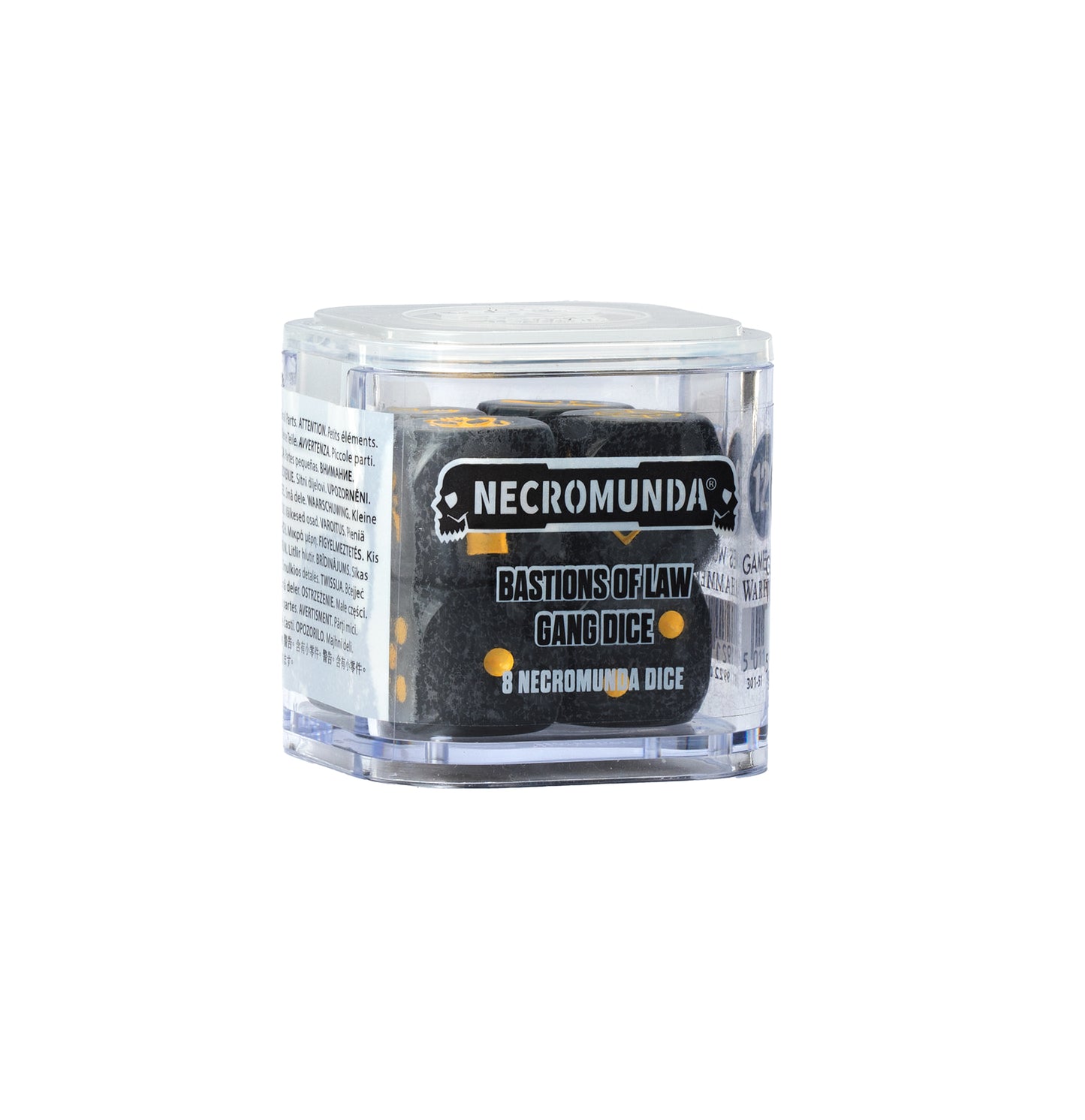 Necromunda dice set in a clear cube on a white background