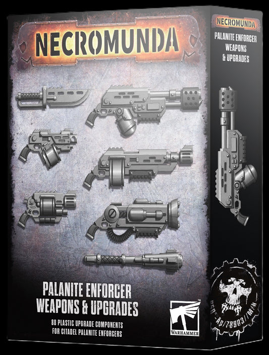 Necromunda Palantine Enforcer Weapons & Upgrades packaging with weapon illustrations on a dark background.