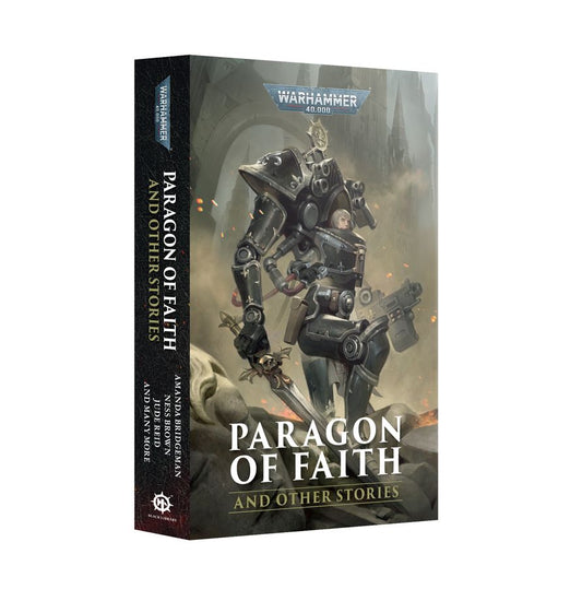 Book titled 'Paragon of Faith and Other Stories' with a robot illustration on the cover, featuring the Warhammer logo.