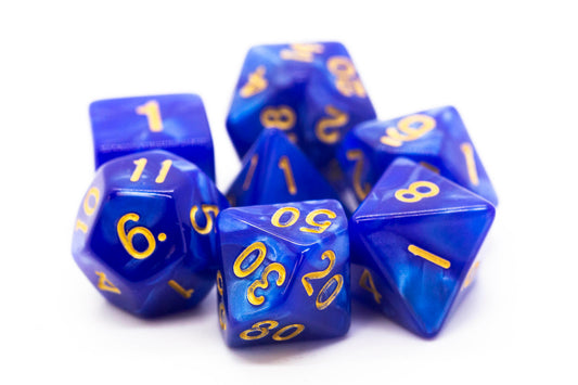 Old School Dice: 7 Piece Dice Set Pearl Drop Blue with Gold