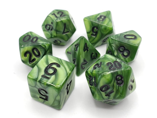 Old School Dice: 7 Piece Dice Set Pearl Drop Forest Green with Black
