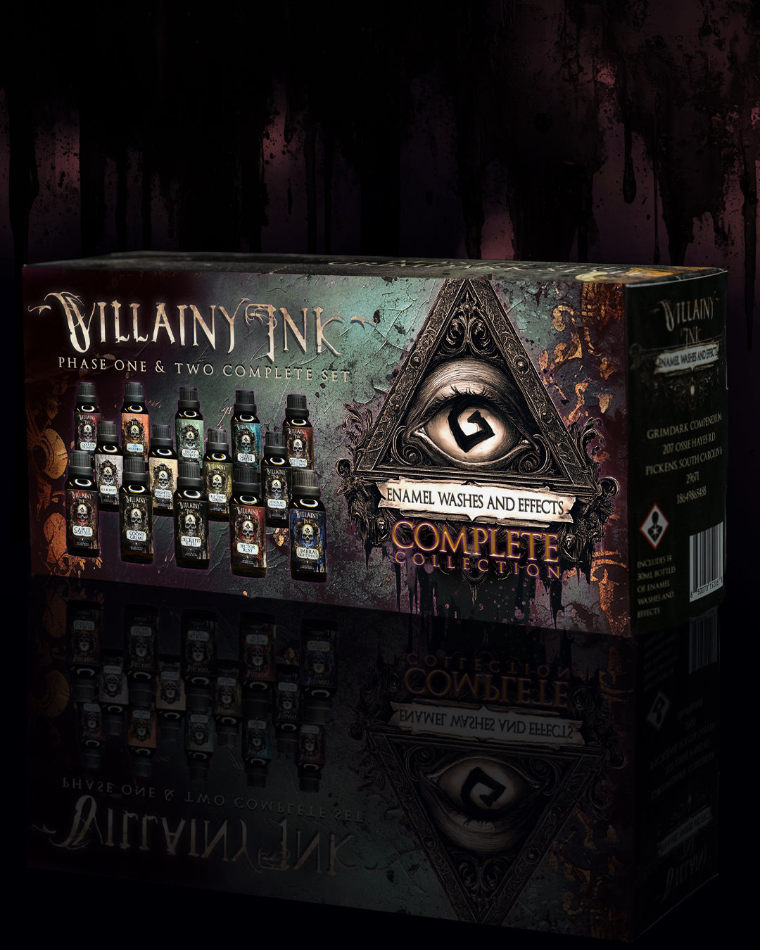 Villainy Ink packaging with eye symbol on a dark background
