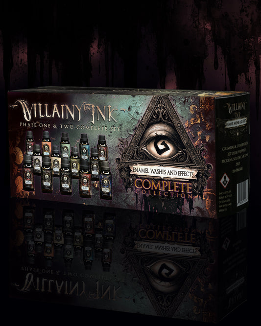 Villainy Ink packaging with eye symbol on a dark background