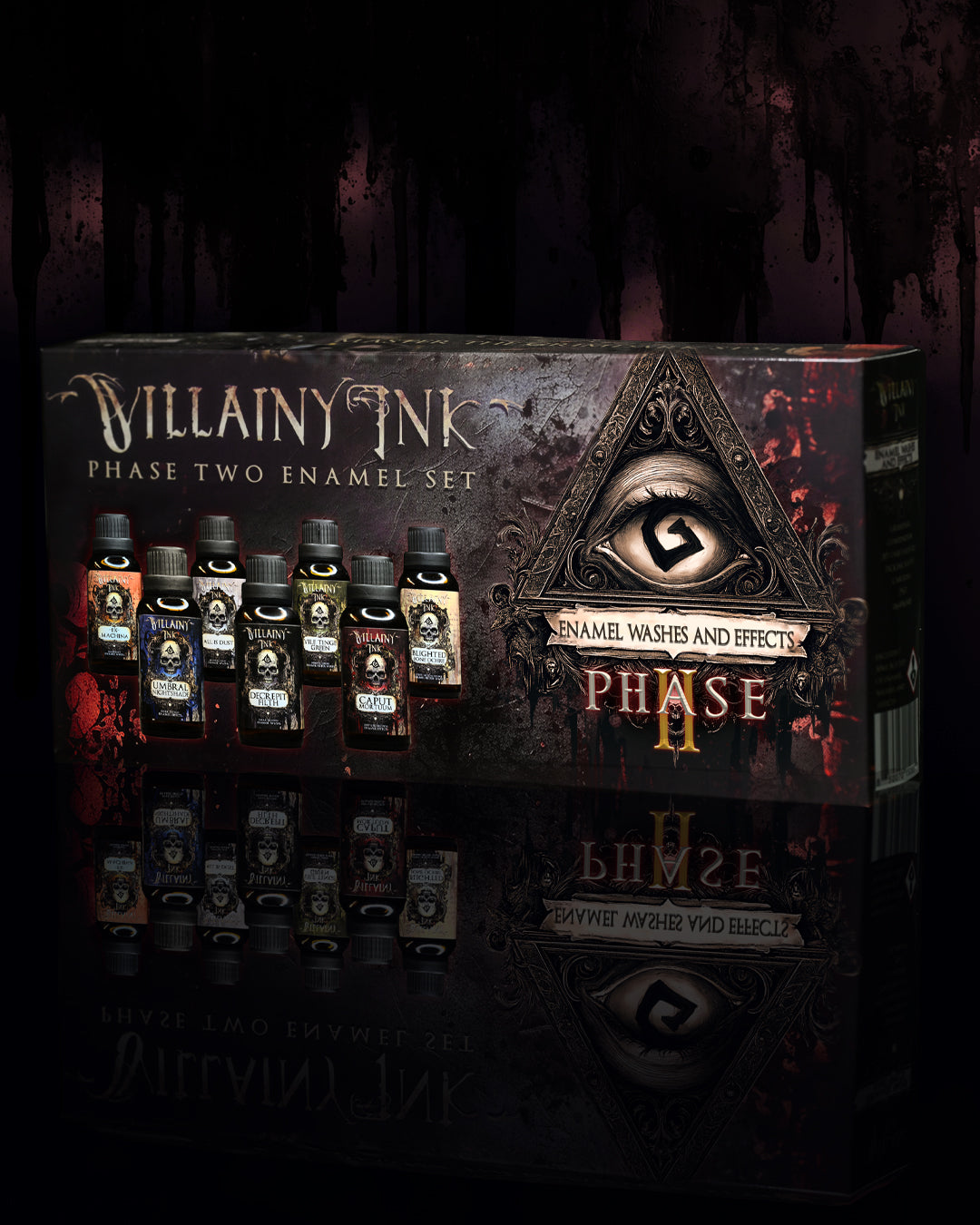 Villainy Ink Phase Two Enamel Set packaging with bottles displayed on a dark background