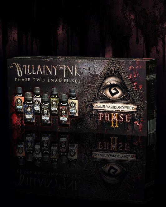 Villainy Ink Phase Two Enamel Set packaging with bottles displayed on a dark background