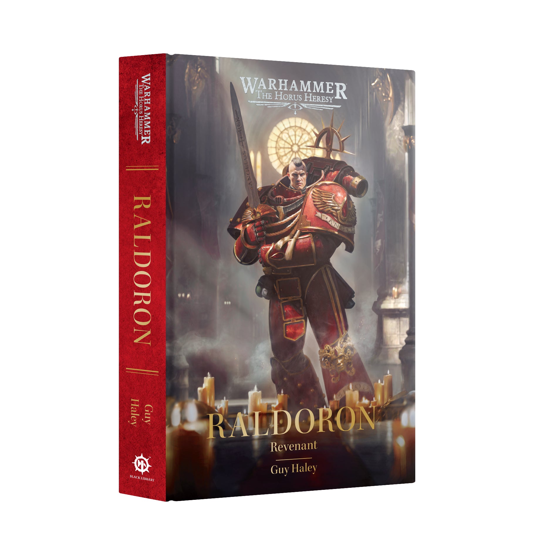 Warhammer 40k Revenant Raldoron book by Guy Haley, featuring a red spine and cover with a detailed illustration of a Warhammer Revenant in red armor.